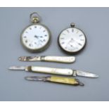 A Silver Cased Pocket Watch together with another pocket watch and three folding fruit knives