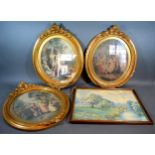 A Group Of Three Gilt Framed Oval Prints On Silk 30 x 25 cms together with a watercolour signed