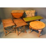 A Burr Walnut Circular Low Table together with two luggage racks, an oak gate leg table, a