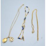A 9ct Gold Necklace set lapis lazuli together with a 9ct gold pendant locket with chain and a 9ct