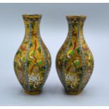 A Pair Of Japanese Hexagonal Cloisonne Vases decorated with exotic birds amongst foliage with
