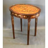 A French style marquetry inlaid oval occasional table, the marquetry inlaid top above a similar