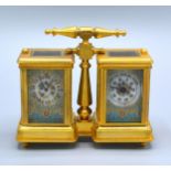 A French Style Brass Double Carriage Clock Barometer With Porcelain Panels 10 cms tall