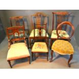 An Art Nouveau Mahogany Bedroom Chair together with five other side chairs