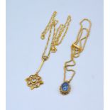 A 15ct. Gold Pendant set pearls and pale blue stones with 9ct. gold linked chain together with a
