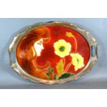 Carl Sigmund Luber, An Art Nouveau Oval Two Handled Tray with stylised decoration, 33 x 46 cms