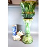 A Pottery Jardiniere With Stand green glazed together with a Chinese prunus blossom spill vase and