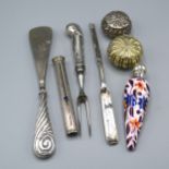 A Birmingham Silver Mounted Scent Bottle together with a double marrow scoop and other items