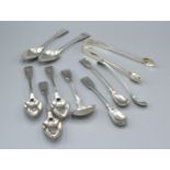 Five George III Silver Teaspoons together with three mustard spoons, a small silver ladle and a pair