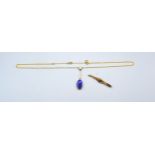 A 9ct. Gold Necklace set single pearl and oval blue stone together with a 15ct. gold bar brooch