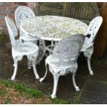 An Aluminium Garden Table together with a set of four matching chairs and a teak folding garden