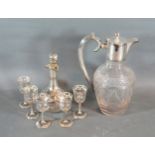A Silver Plated And Cut Glass Claret Jug together with a glass drinking set
