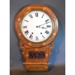 A Walnut And Marquetry Inlaid Drop Dial Wall Clock, the circular enamel dial with Roman numerals and