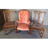 A Victorian Mahogany Drawing Room Armchair, together with a pair of Chippendale style side chairs
