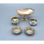A Pair Of Birmingham Silver Salts together with two other silver salts and a silver mounted bon