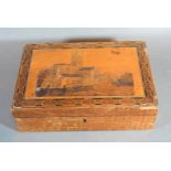 A Late 19th Century Tunbridge Ware Box, the hinged cover inlaid with a cathedral, 23 x 15 cms