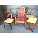 A Victorian Mahogany Drawing Room Armchair together with two side chairs, a corner chair and a stool