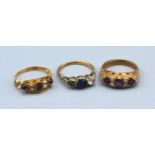 A 15ct. Gold Amethyst And Pearl Set Ring set with three cabochon amethyst interspaced with four