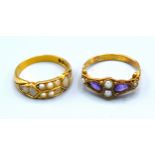 A 19th Century Yellow Metal Dress Ring Set Amethyst And Seed Pearls together with a similar 18ct.