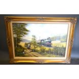 Chris Woods "Study of a Locomotive with Coaches GWR 2481" with figures, horse and geese on a track