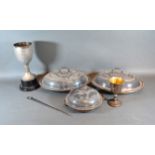 A Pair Of Silver Plated Entree Dishes together with a small collection of silver plate