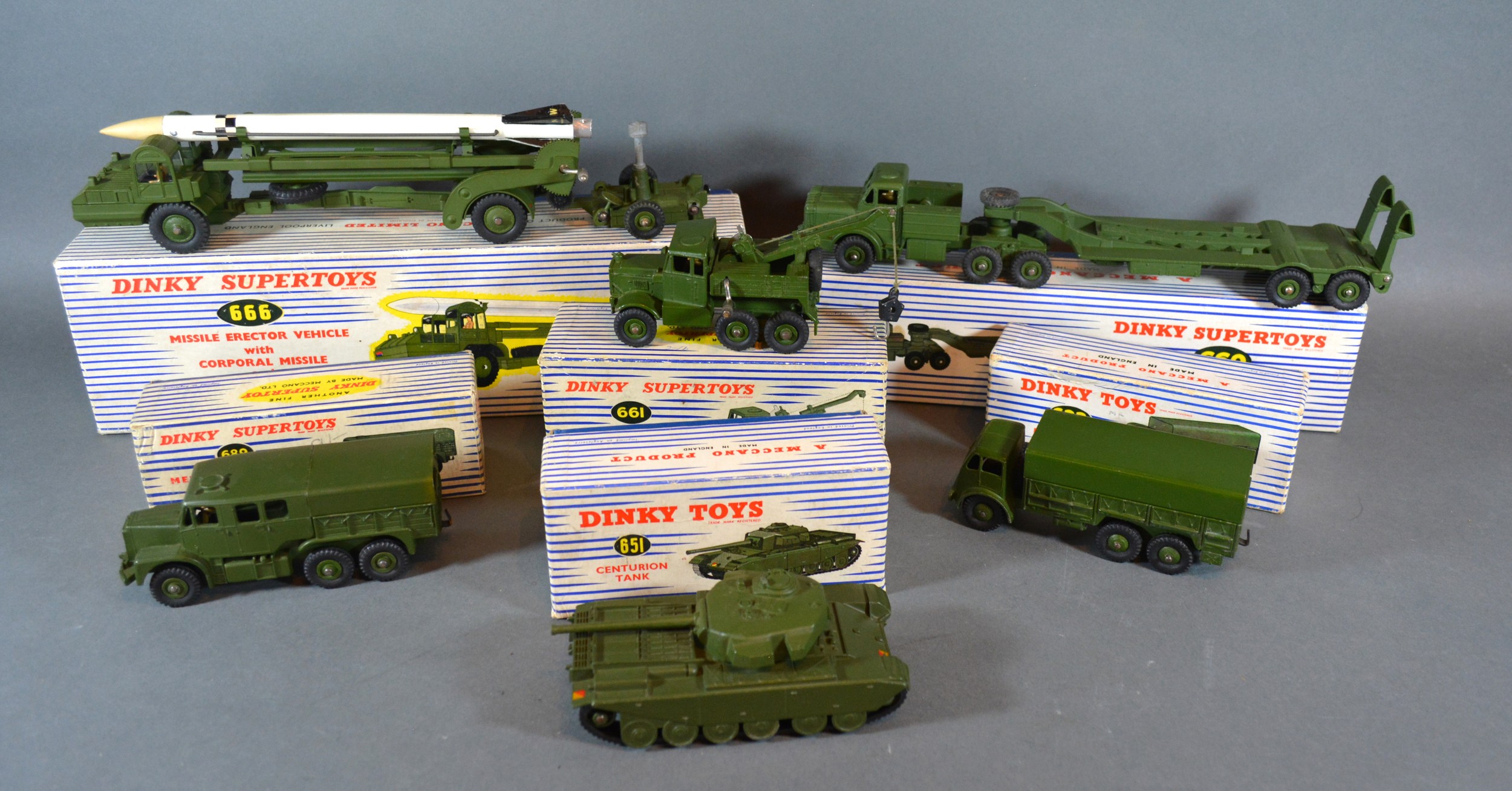 A Dinky Supertoys 666 Missile Erector Vehicle with original box together with another similar Tank