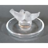 A Lalique France Glass Pin Tray decorated with two doves 5.5 cms tall