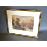 David Cox "River Scene with Bridge and Castle Beyond", Watercolour, Signed 25cm x 35cm