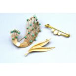 A 9ct. Gold Turquoise And Pearl Set Brooch by Zeeta and two 9ct. gold brooches, 10.7 gms