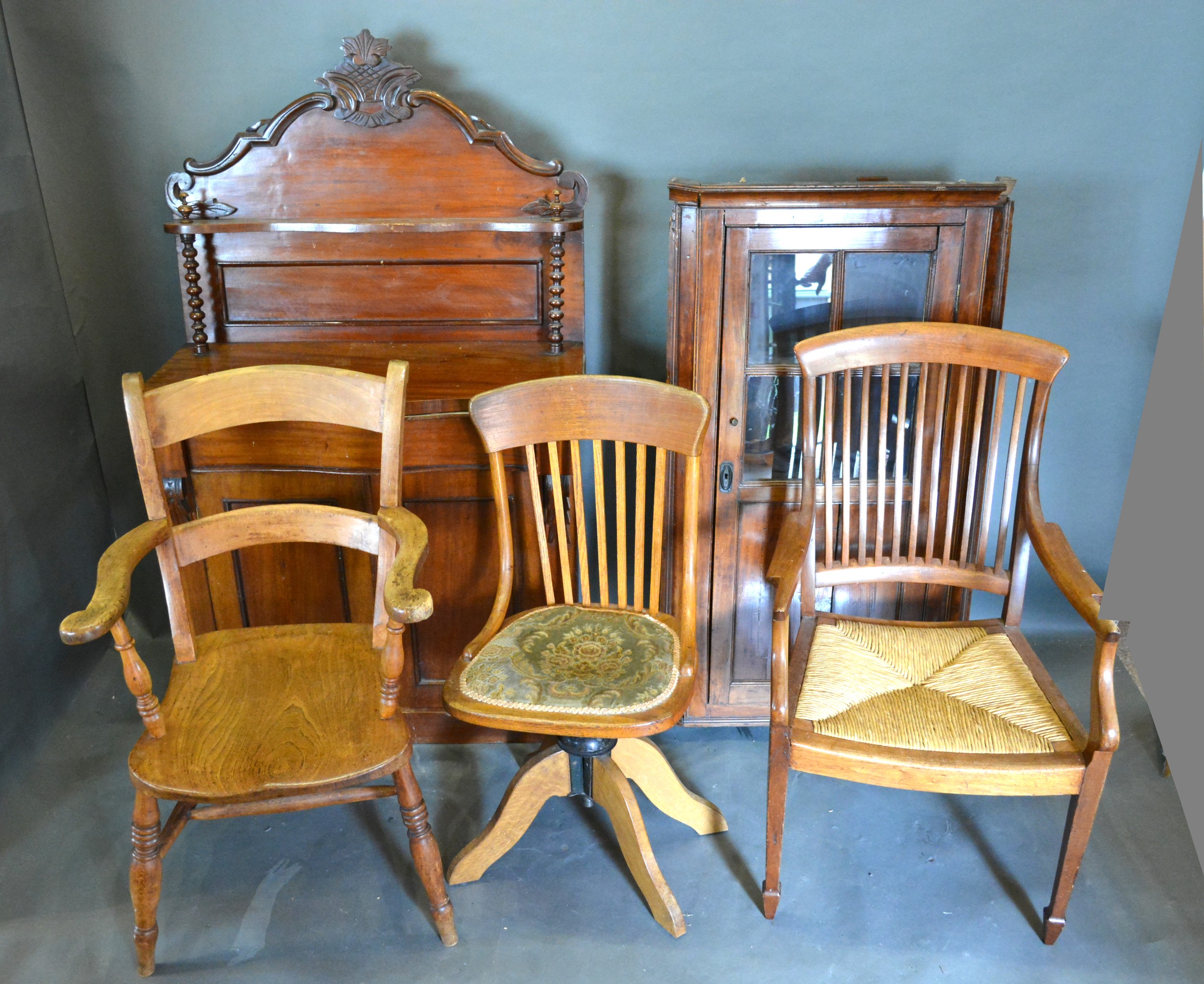 A Victorian Mahogany Chiffonier together with a hanging corner cabinet and three side chairs