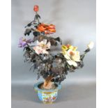 A Japanese Hardstone Model Tree with cloisonné jardiniere 58 cms high