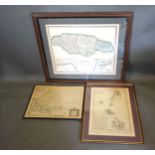A Coloured Map of Jamaica together with two other framed maps and various pictures and prints