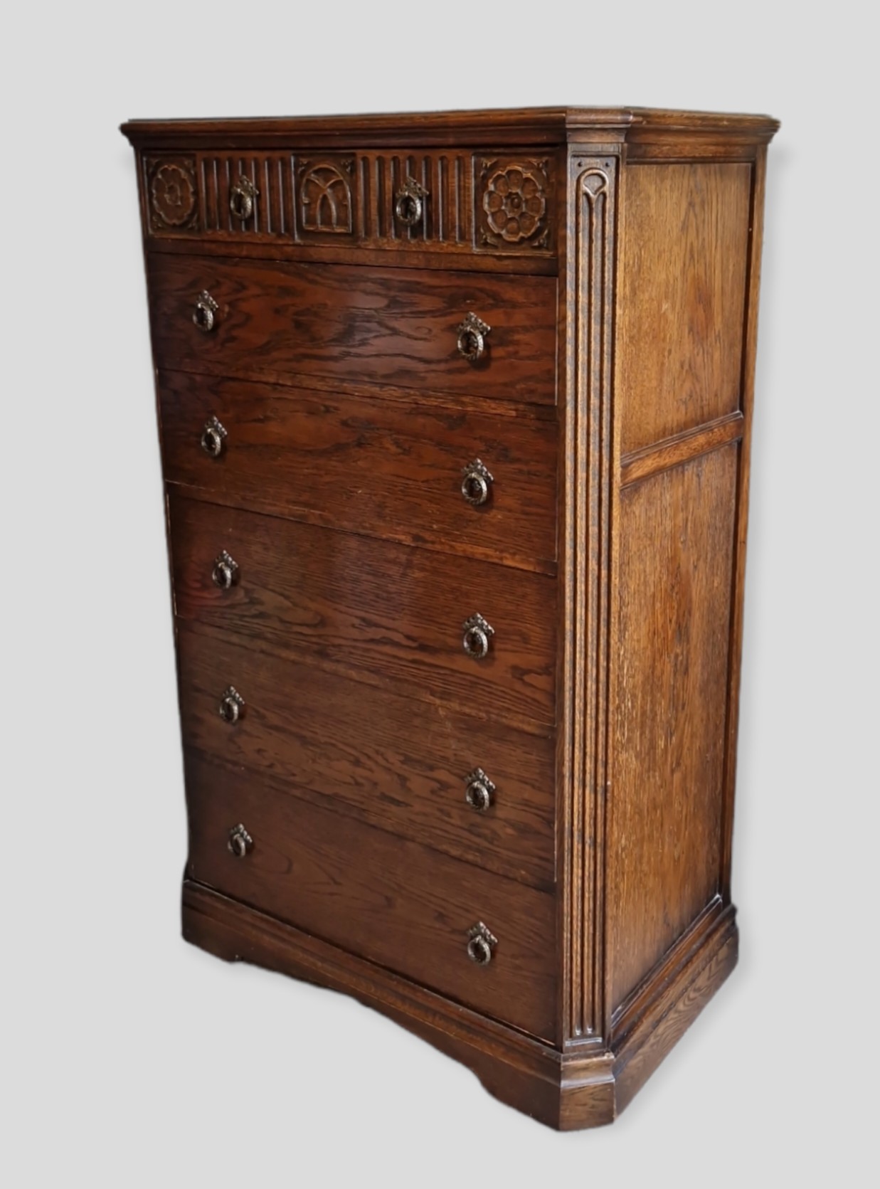 An Oak Gothic Revival Bedroom Suite comprising six drawer chest, dressing table, wardrobe and two - Image 4 of 4