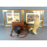 A Pair Of Coloured Prints After Archibald Thorburn together with a pathescope, cine camera with