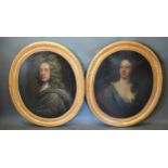 18th Century English School, a pair of oval portraits of a Lady and Gentleman in period dress, a