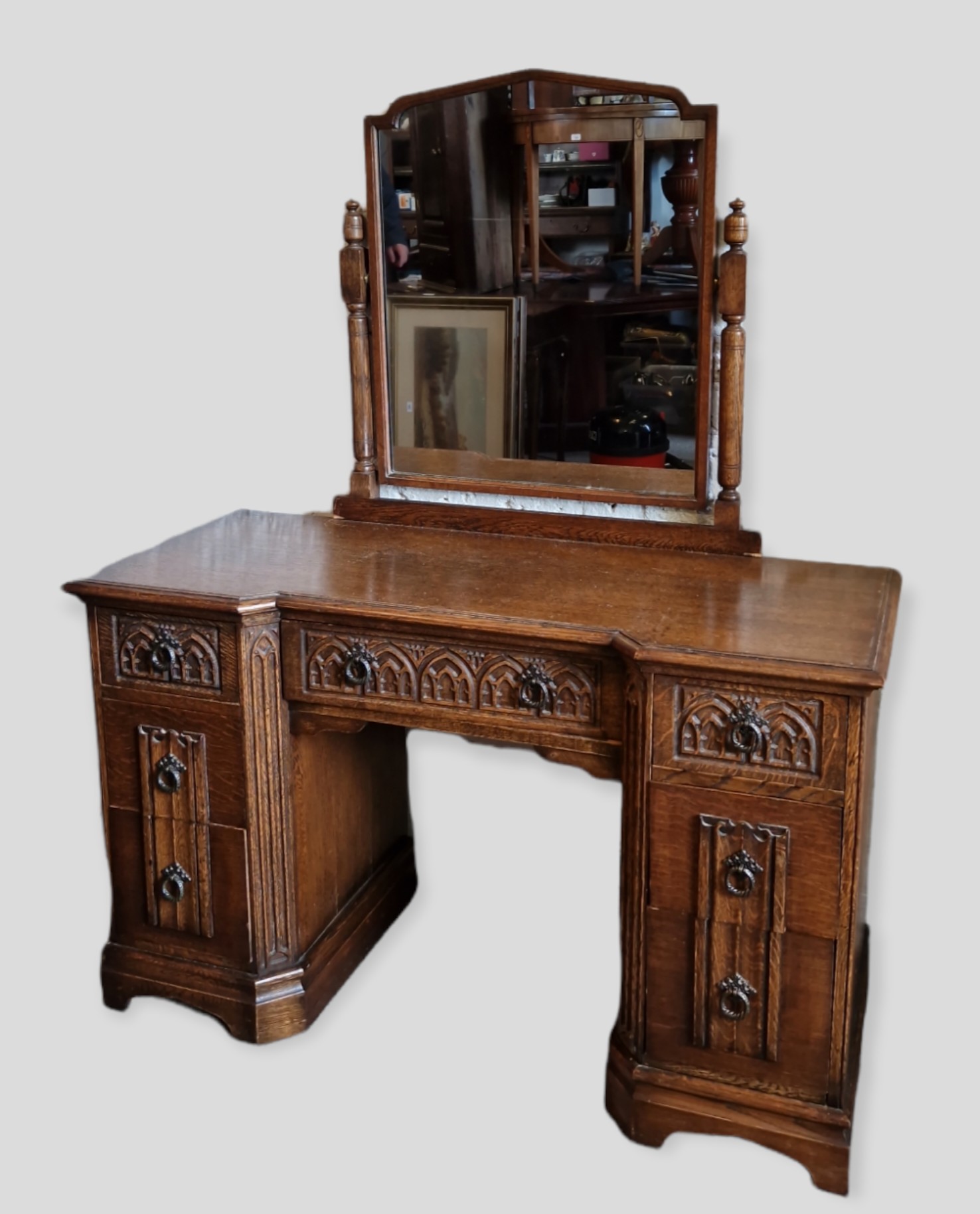 An Oak Gothic Revival Bedroom Suite comprising six drawer chest, dressing table, wardrobe and two - Image 3 of 4