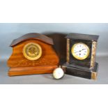 An Edwardian Mahogany Marquetry Inlaid Mantle Clock together with a Victorian black slate mantle
