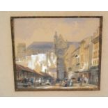 Françoise Etienne Villeret 'Street Scene with Figures' watercolour, signed, 10.5 x 12 cms