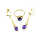 A 9ct. Gold Amethyst Set Dress Ring together with a pair of similar pearl and amethyst drop ear