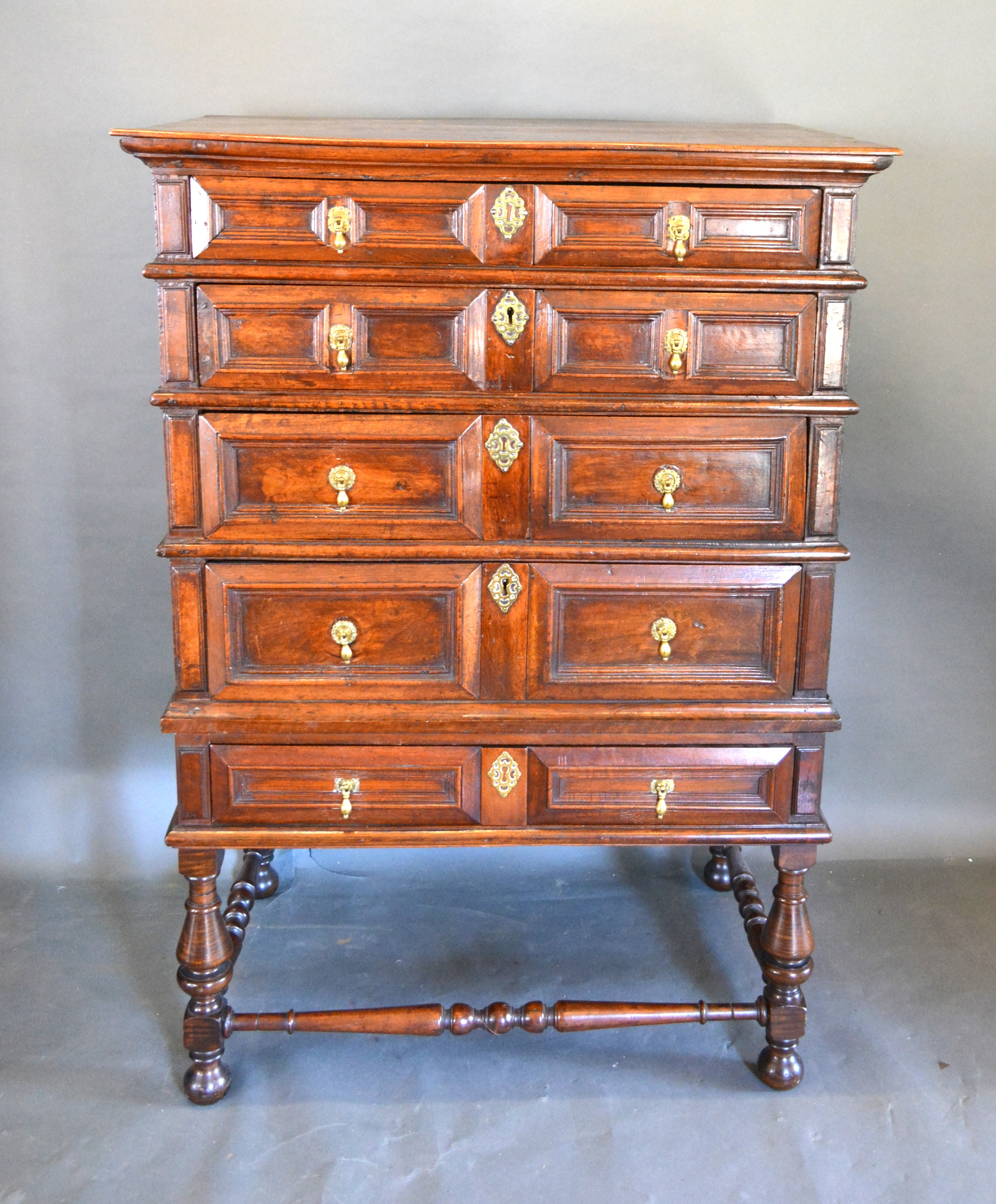 A 17th Century Oak Chest On Stand with five geometrically moulded drawers with brass drop handles - Image 2 of 2