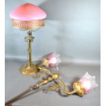 A Brass Table Lamp with Opaque Glass Shade together with a two branch ceiling light with opaque