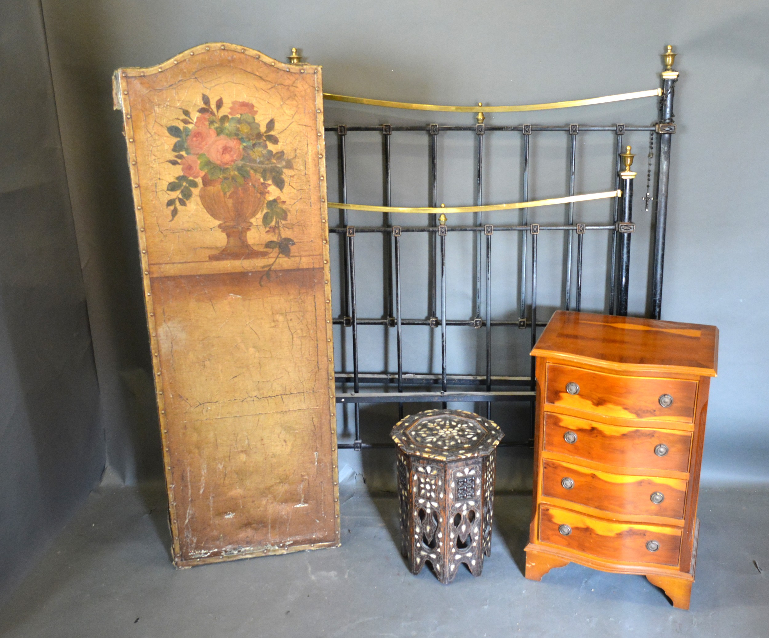 A Brass and Iron Bedstead, together with a two fold screen, an octagonal table and a serpentine four