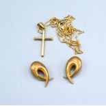 A Pair Of 18ct. Gold Ear Clips, 6.8 gms and a 9ct. gold crucifix pendant with chain, 5.5 gms