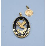 A 14ct. Gold and Enamel Decorated Oval Pendant, 3.2gms, together with a 9ct. gold small pendant, 0.