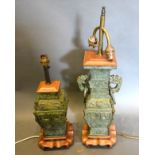 A Chinese Patinated Bronze Two-Handled Table Lamp 55cm tall together with another similar Chinese