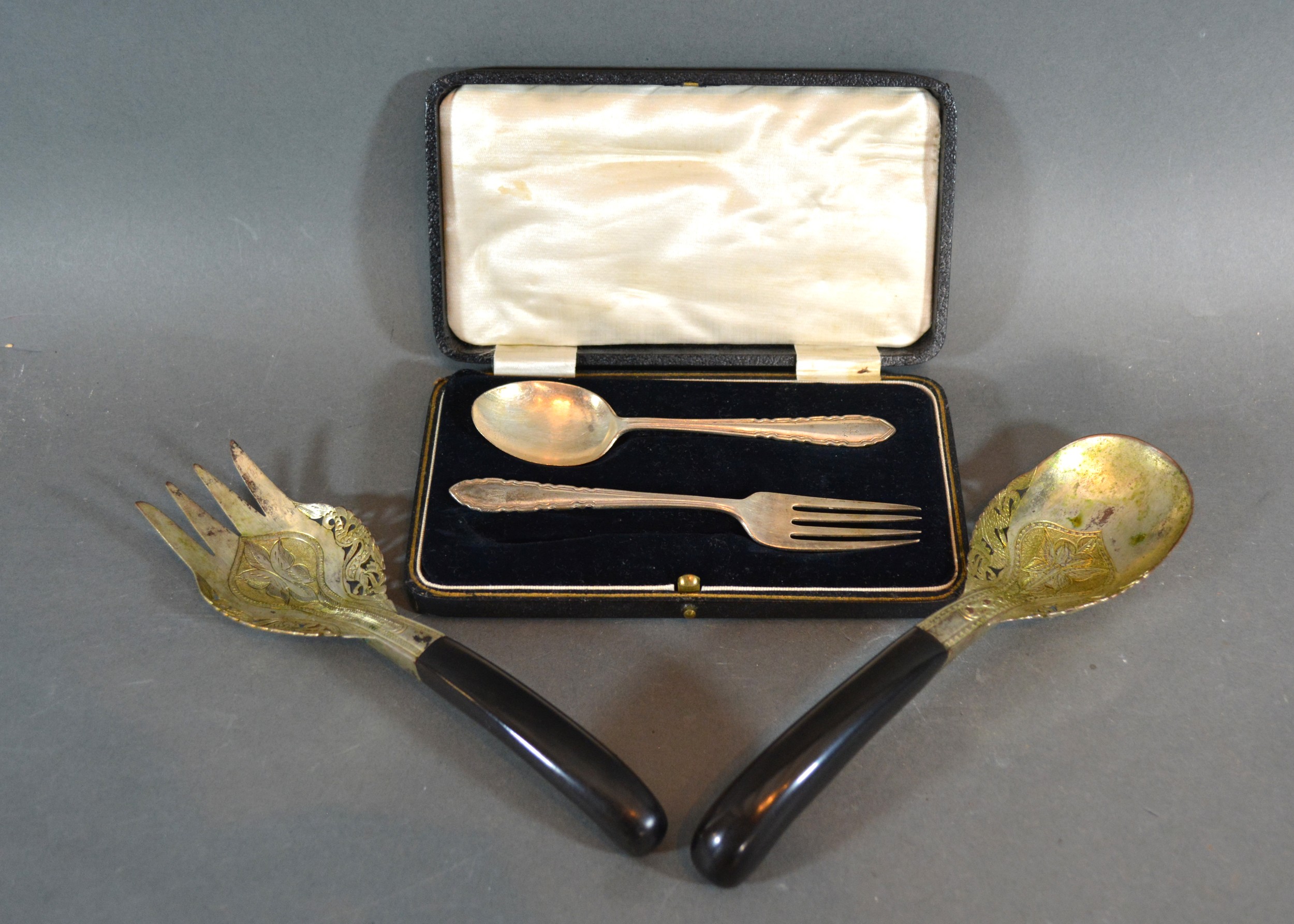 A Birmingham Silver Christening Spoon and Fork within case together with a pair of servers