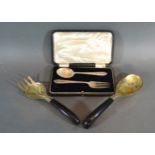 A Birmingham Silver Christening Spoon and Fork within case together with a pair of servers