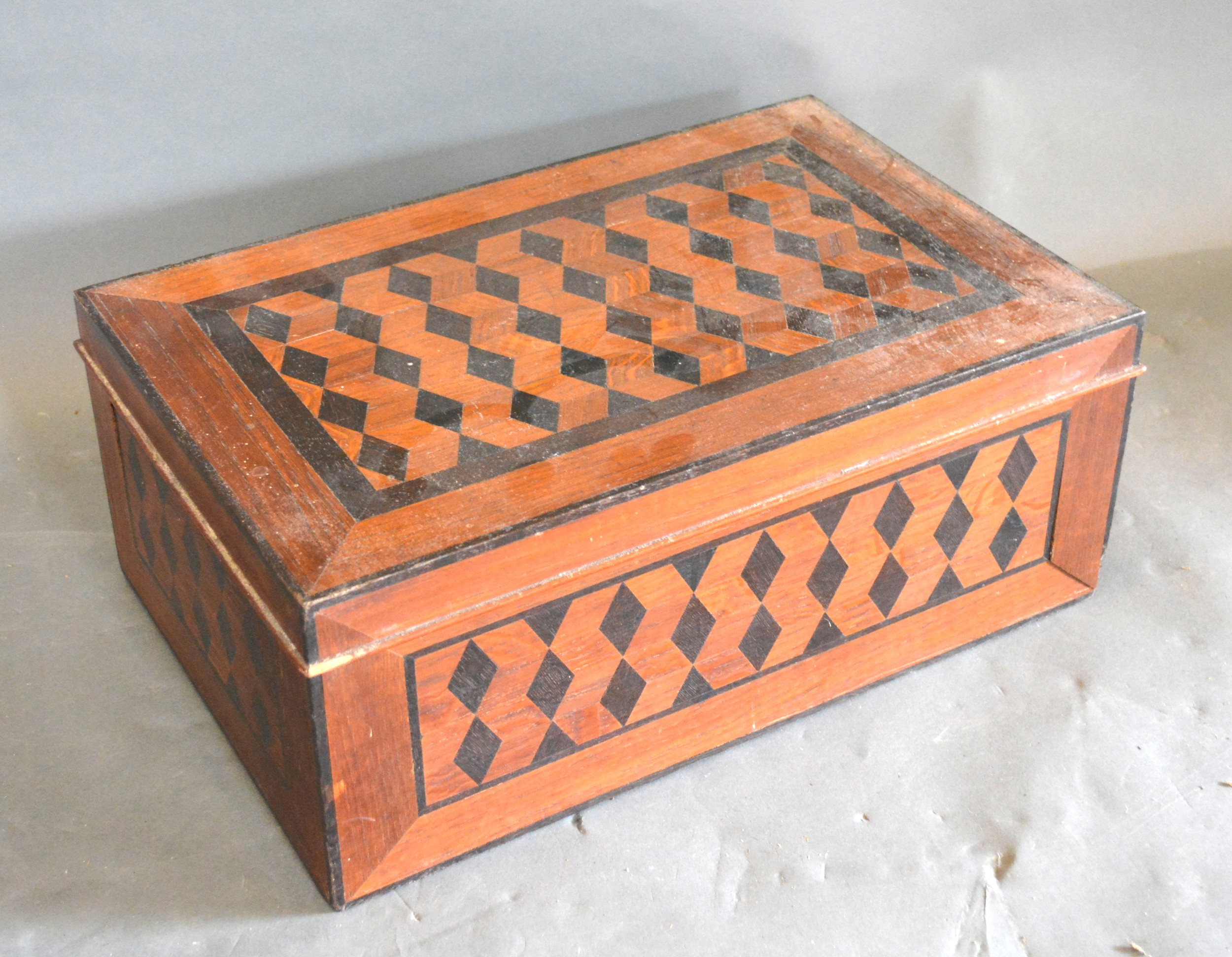 A Tunbridge Ware Cube Pattern Rectangular Box, 47 x 31 cms, 18cms high
