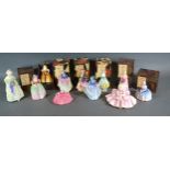 A Royal Doulton miniature figure Patricia together with ten other Royal Doulton figures, some with