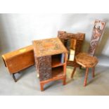 A Carved Oak Revolving Bookcase together with a similar spinning chair, rectangular wall mirror